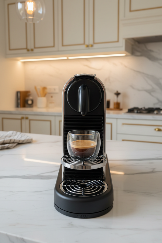 A black and silver Nespresso CitiZ Platinum coffee machine on a wooden table with a glass cup of espresso underneath.