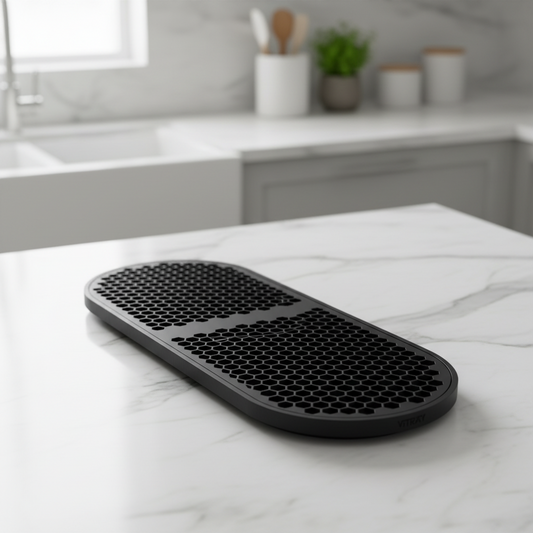 A black Vitray honeycomb-patterned protective coffe CitiZ Platinum compatible drip tray resting on a light brown wooden table, with a blurred potted plant in the background.