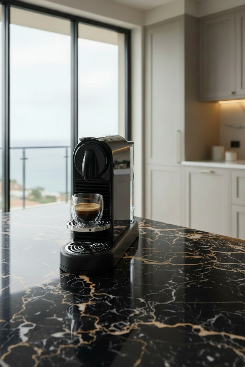 A Nespresso CitiZ Platinum coffee machine placed on a stylish ViTRAY drip tray by ViTVED. The elegant setup is displayed on a marble kitchen island with a freshly brewed espresso, combining practical protection with a clean, modern look.
