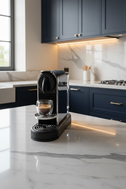 A Nespresso CitiZ Platinum coffee machine placed on a stylish ViTRAY drip tray by ViTVED. The elegant setup is displayed on a marble kitchen island with a freshly brewed espresso, combining practical protection with a clean, modern look.
